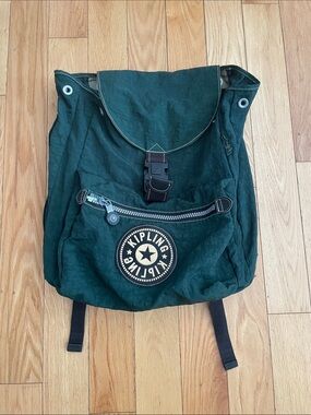 Kipling Dark Green Canvas Backpack with Front Zip Pocket